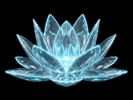 A professional, minimalist 3D render of a transparent crystal lotus flower with glowing cyan neon edges.